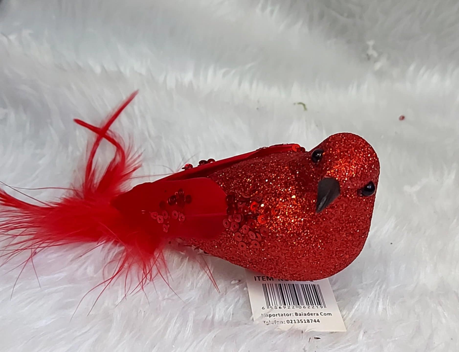 Ornament Crăciun Pasăre Roșie cu Pene și Sclipici - 15cm